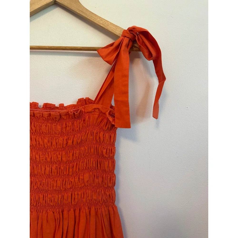 Dynasty George Clementine Maxi Cotton Smocked Dress in Orange | Size XS